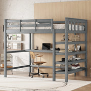Letto a soppalco 140x200 cm grigio con scrivania e ripiani, legno di pino e MDF