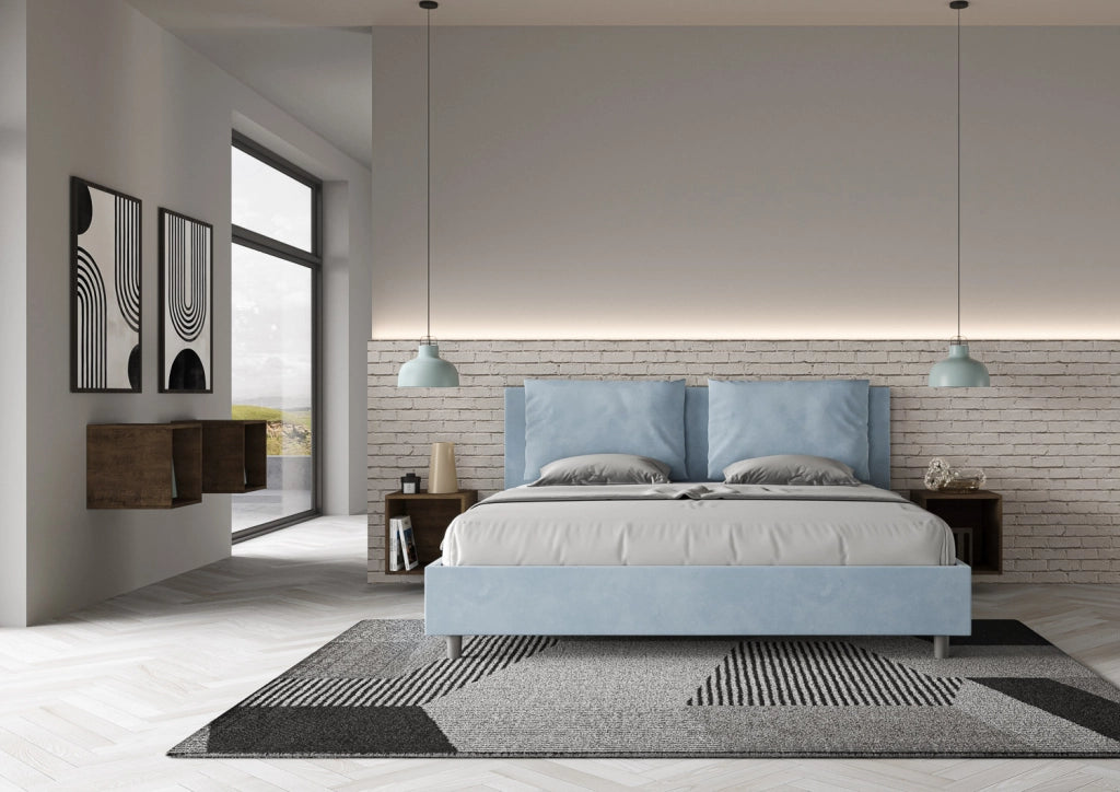 BS COM Letto matrimoniale king size con rete imbottito 170x200 microfibra azzurro