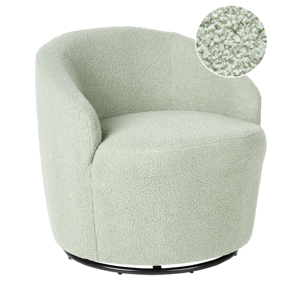 Poltrona con schienale curvo in tessuto bouclé verde chiaro base girevole 360° Art Deco dorato