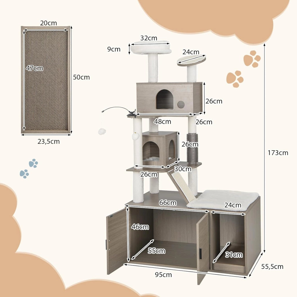 Albero per Gatti con Mobile per Lettiera, Torre per Gatti Moderna 2-in-1 con Doppie Cucce, Piattaforma Superiore, Pali in Sisal, Tiragraffi, Rampino, Piattaforma e Palline, Grigio