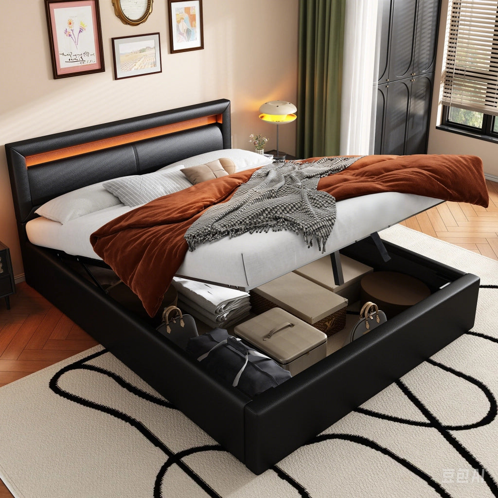 Letto imbottito 140 × 190 cm 2 posti con contenitore, LED e testiera, senza materasso, in PU, nero