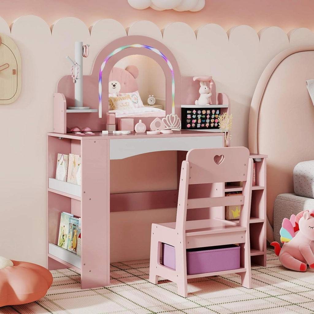 Toeletta Trucco per Bambina con Sgabello, Postazione Trucco con Luci, Scaffali a Vista, Prtagioielli, Libreria a 2 Ripiani e Contenitore in Tessuto, Ideale per Bambina 3+ Anni (Rosa)