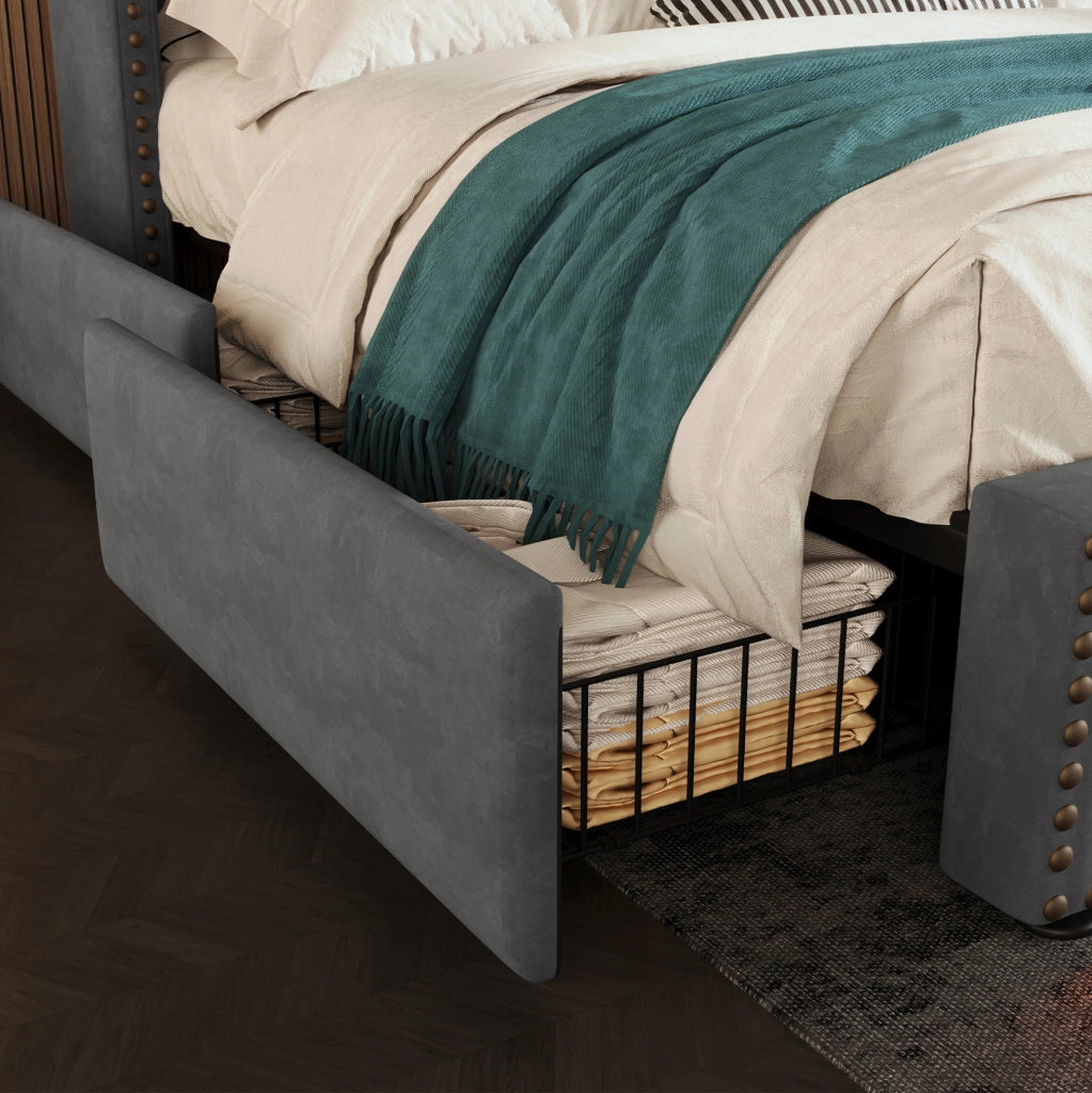Letto 160x200 cm con 4 cassetti, LED, USB e USB-C in velluto grigio