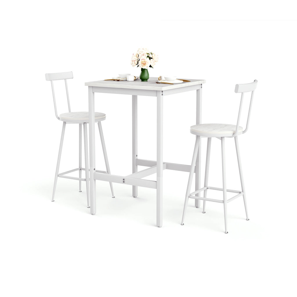 Tavolo da bar con 2 sgabelli con schienale e anello di rinforzo, per cucina e soggiorno, bianco, 60 × 60 × 92 cm