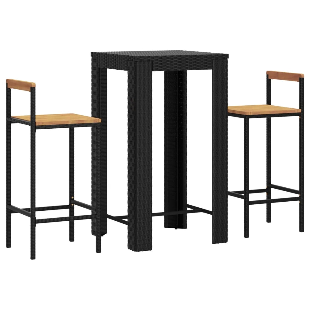 Set Bar Giardino 3 pz Nero Polyrattan e Legno Massello Acacia 3187710