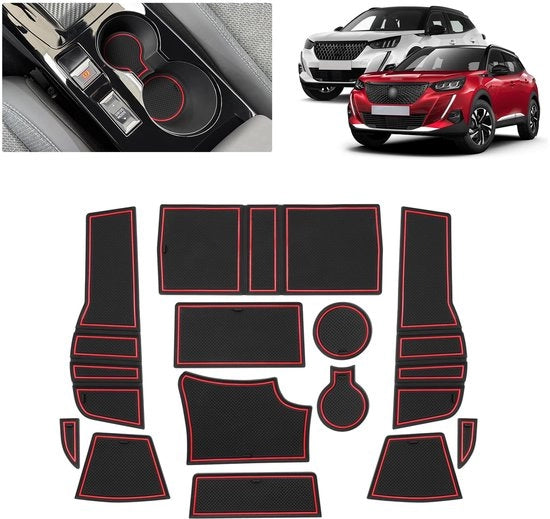Antislipmatte per Peugeot 2008 E-2008 (2020-2025) | Matrice di gomma originale per console centrale, contenitori di bicchiere e protezioni porta | Adatta a Peugeot 2008 GT Line (rosso)