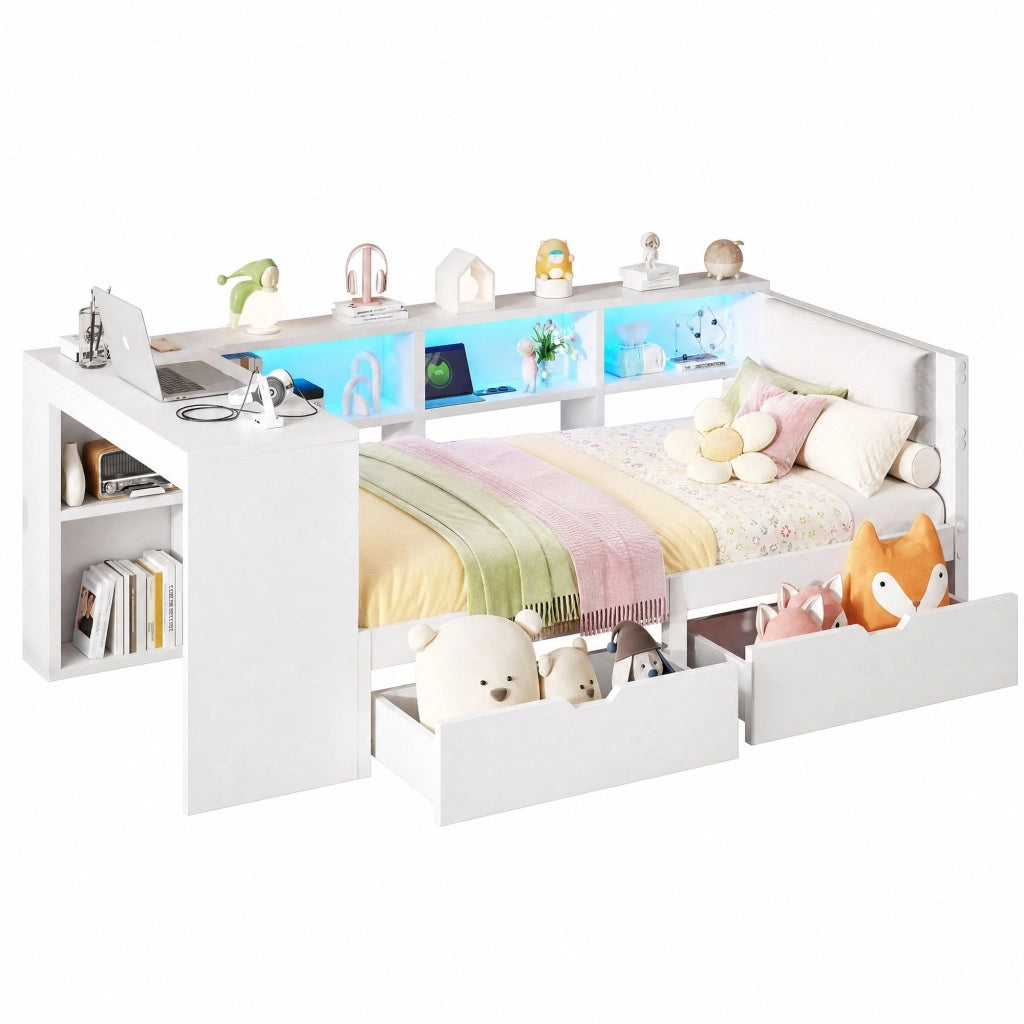 Letto a piattaforma 90x200 cm con testiera imbottita; contenitore; USB e LED; bianco