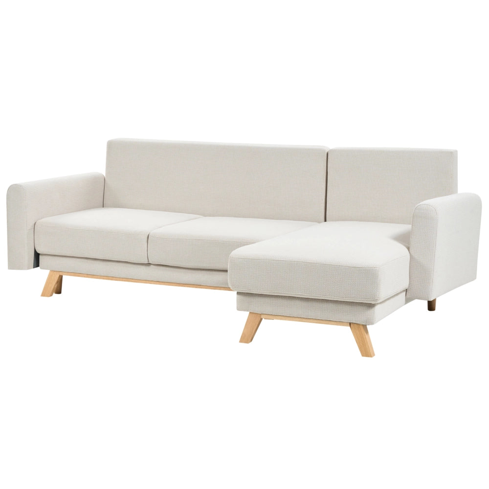 Divano angolare 3 posti sinistro imbottito in tessuto beige con funzione di dormiente e schienale imbottito estraibile Gambe in legno