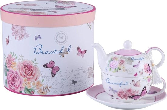 Set da tè, tazza e piatto - ceramica - per una persona - con disegno di rosa e lavanda