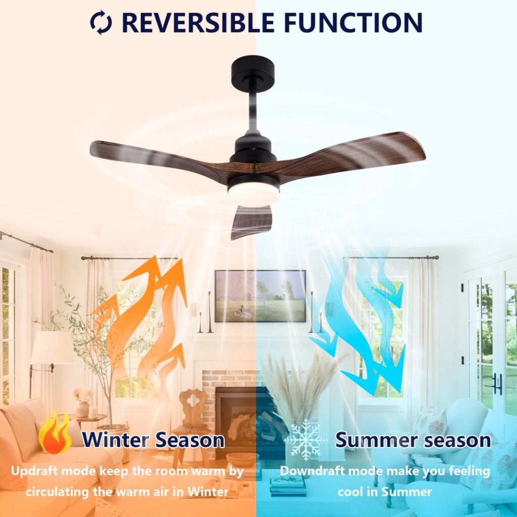 Ventilatore da soffitto con luce LED, 3 pale ABS, motore DC, nero e noce scuro