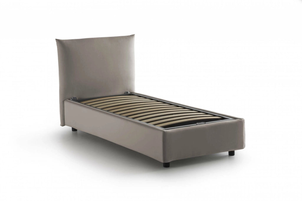 Letto singolo Ippolito, Letto contenitore con rivestimento in tessuto, Made in Italy, Apertura frontale, adatto per materasso cm 80x190, Tortora