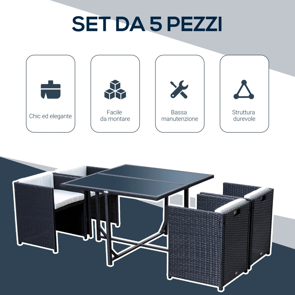 EasyComfort Set Mobili da Giardino 5pz Set Tavolo da Pranzo con 4 Sedie con Cuscini Combinabili a Rettangolo, Nero, 109x109x72 cm