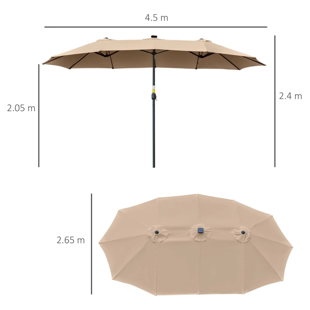 Ombrellone Doppio con Luci LED Ø4,5 m Palo Ø48 mm in Poliestere e Acciaio Cachi