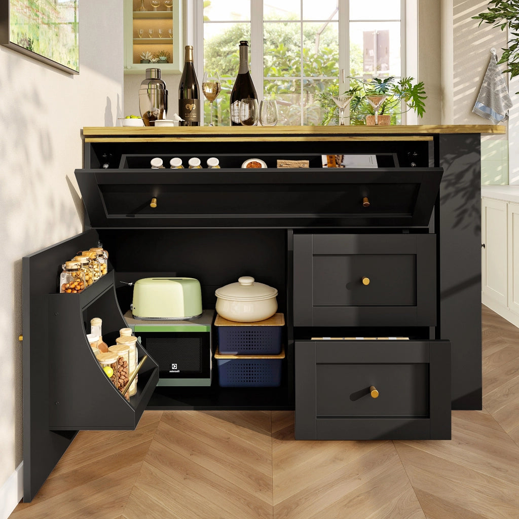 Tavolo da Pranzo Allungabile con Contenitore; 2 Cassetti a Ribalta e Piano Girevole; in MDF e Metallo; 138x39x105 cm; Nero