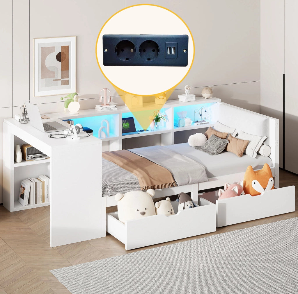 Letto 90x200 cm con testiera imbottita; LED e stazione di ricarica in MDF bianco