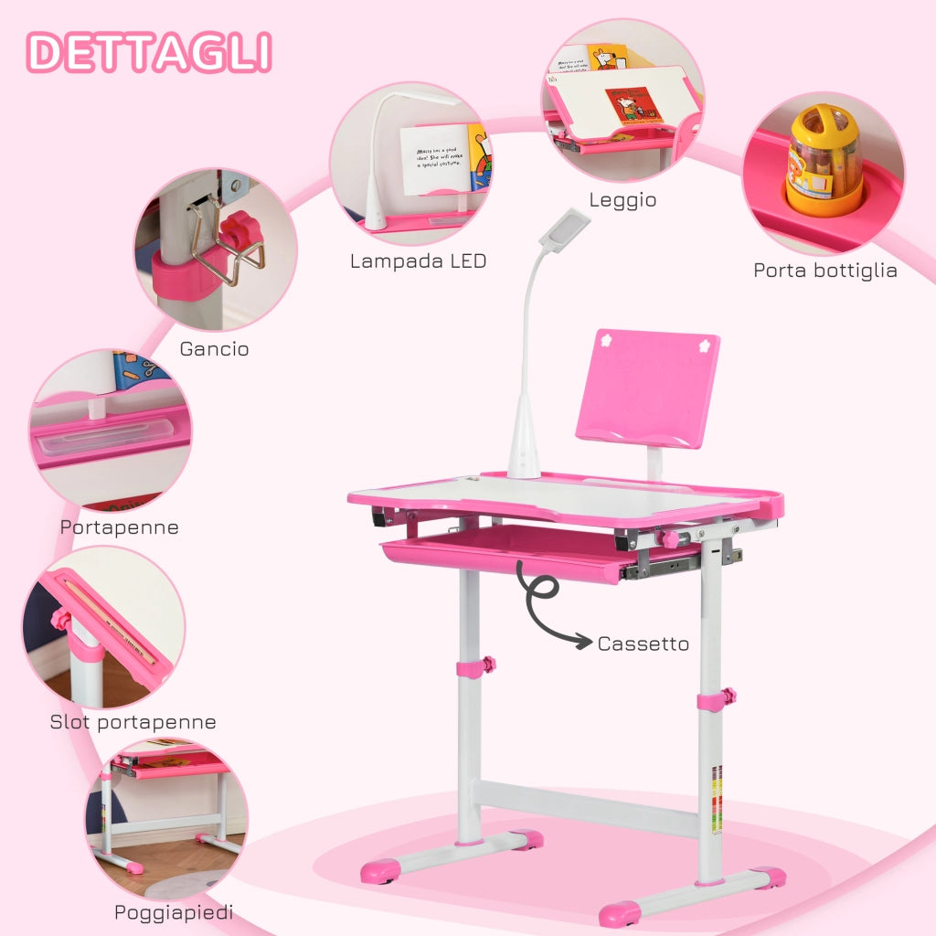 EasyComfort Banco Scuola Regolabile con Sedia per Bambini 6-12 Anni, 70x49.5x80-105 cm, Rosa