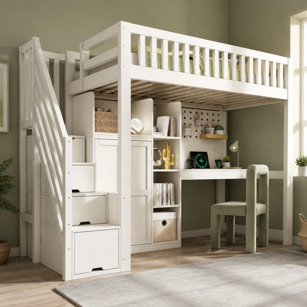 Letto a soppalco bianco 90x200 cm in legno con scrivania; armadio; ripiani e prese USB