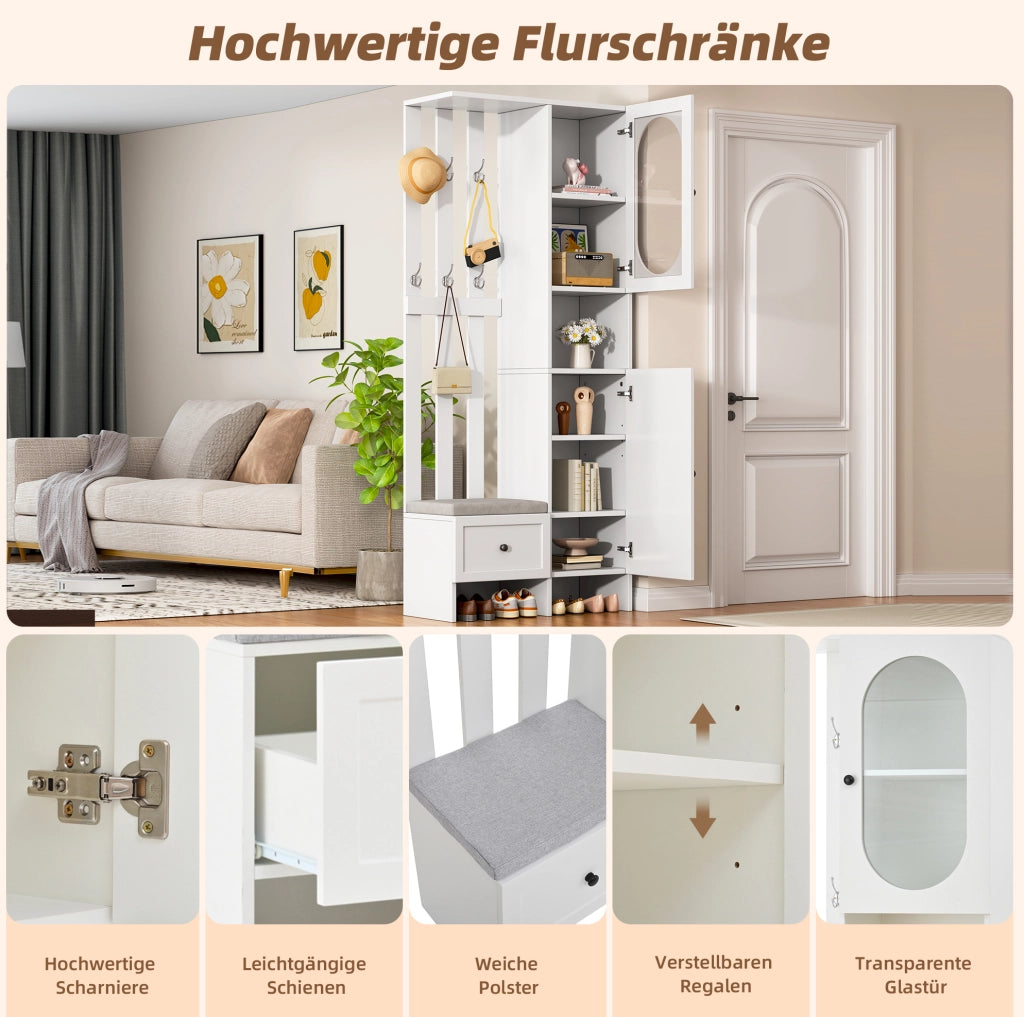 Armadio ingresso multifunzione 85 x 33;5 x 200 cm in truciolare bianco con ante in vetro temperato