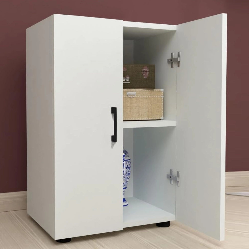 Mobile Multiuso con 2 Ante e 2 Ripiani in Legno Bianco Maniglie Nere 49x32x74cm