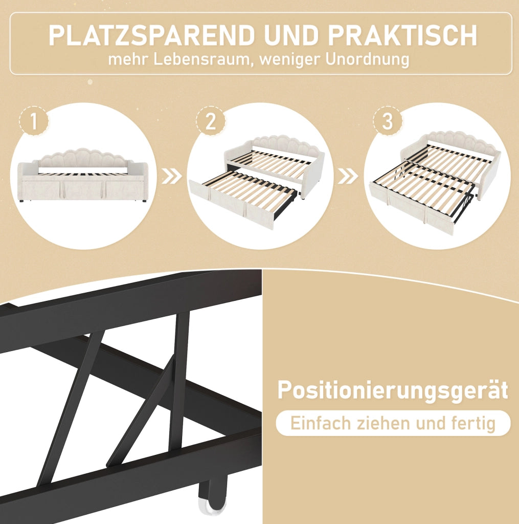Letto estraibile in velluto beige 90x200 cm con LED