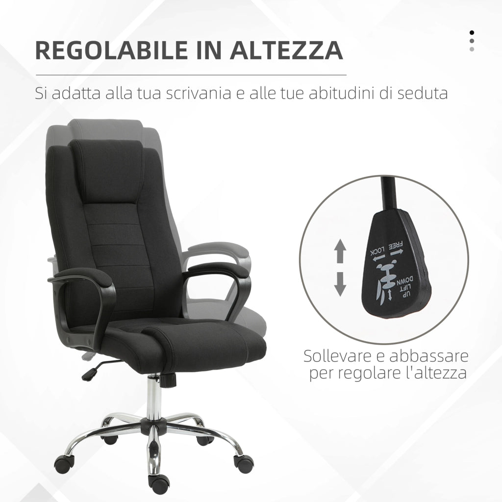 Sedia da Ufficio Ergonomica Basculante e Imbottita 62x76x110-119 cm in Poliestere Effetto Lino Nero