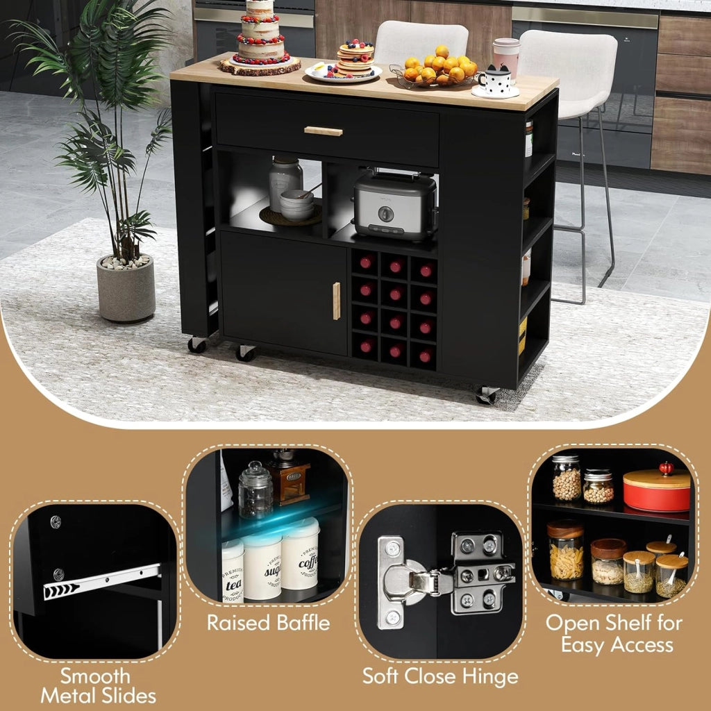 Carrello da cucina 2 in 1 con forma convertibile, isola di cucina, con ruote e spazio di archiviazione, cassetto, portabottiglie e ripiano regolabile, mobile per sala da pranzo (nero)