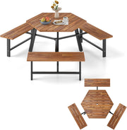 Set di mobili per 6 persone, set da picnic in legno di acacia con foro per ombrellone, set da tavolo e 3 panche per giardino, terrazza, 191 x 165 x 70 cm