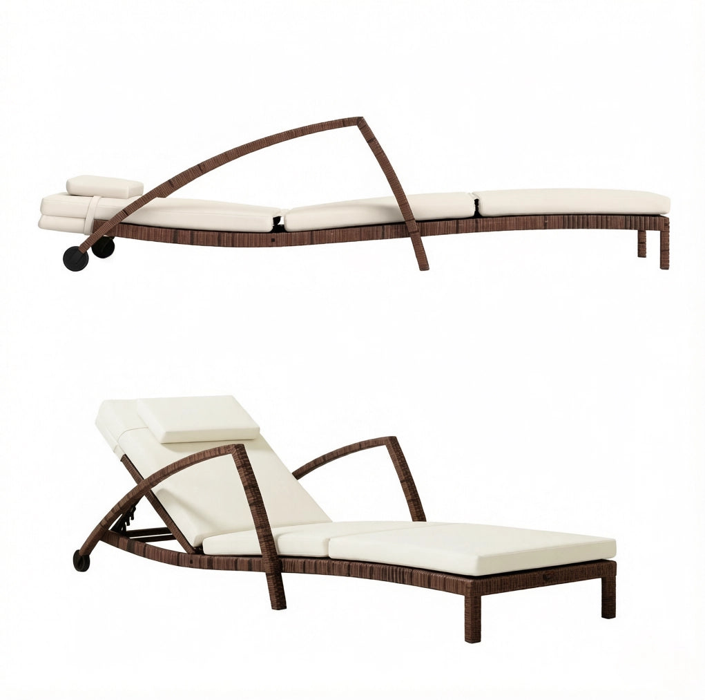 Lettino prendisole ULEVR 185x72 cm con schienale regolabile in 5 posizioni, ruote e cuscini beige e marrone