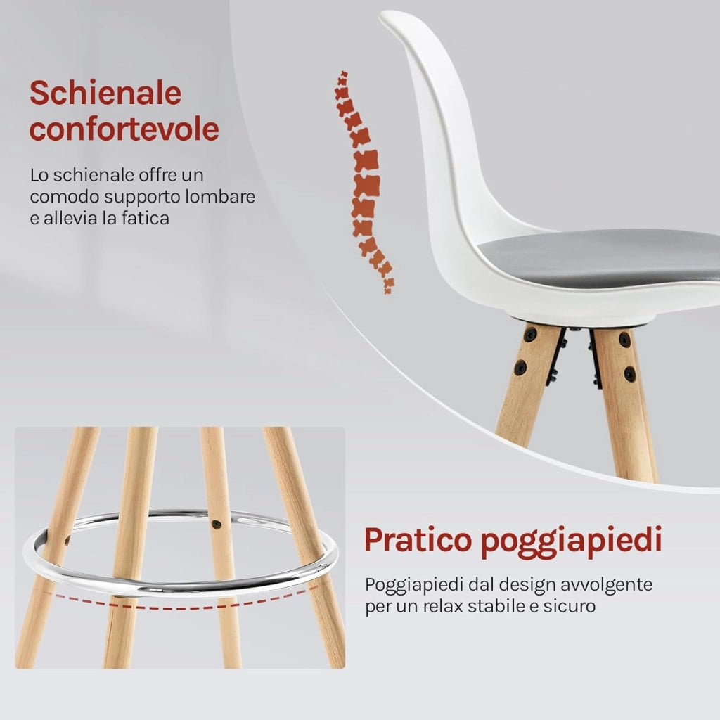 Sgabello da Bar Sedia Cucina in PU Gambe Legno Schienale di Plastica, Grigio-Bianco