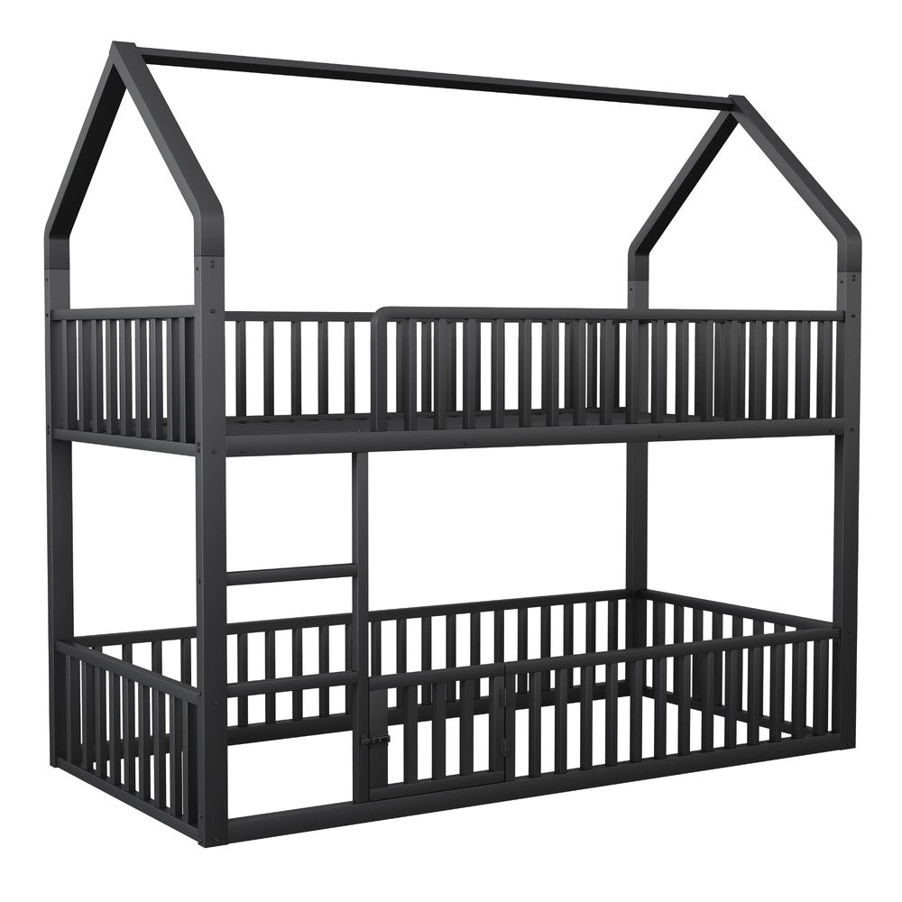 Letto a Castello per Bambini con Scala e Porta ¨C MINIMAL ¨C Metallo Nero 90x200
