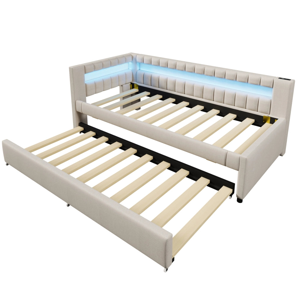 Letto 90x200 cm con LED; letto estraibile; USB e Type-C in lino beige