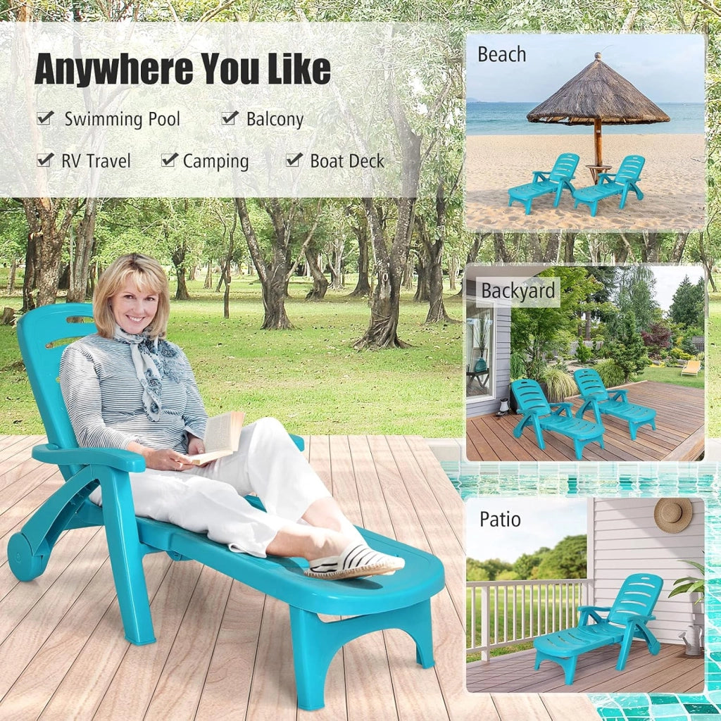 Lettino Pieghevole Prendisole con Ruote, Sdraio Pieghevole con Schienale Regolabile e Poggiapiedi Pieghevole, Per Giardino, Piscina e Spiaggia，3 Colori (Turchese)