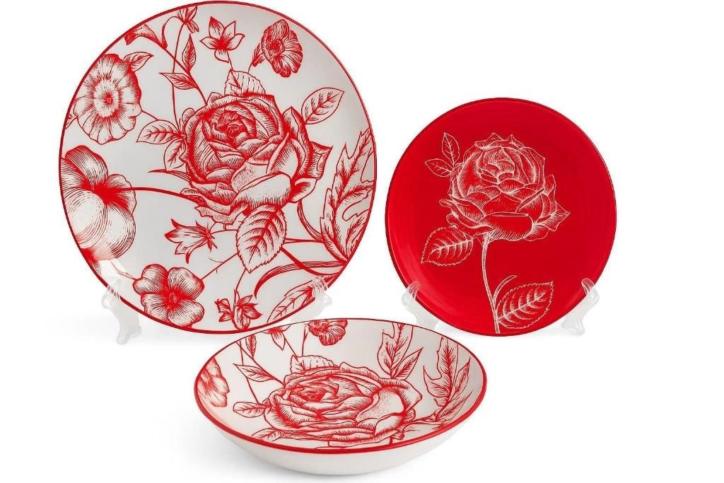 Servizio di Piatti da Tavola in Porcellana Rose Rosse 18 Pezzi