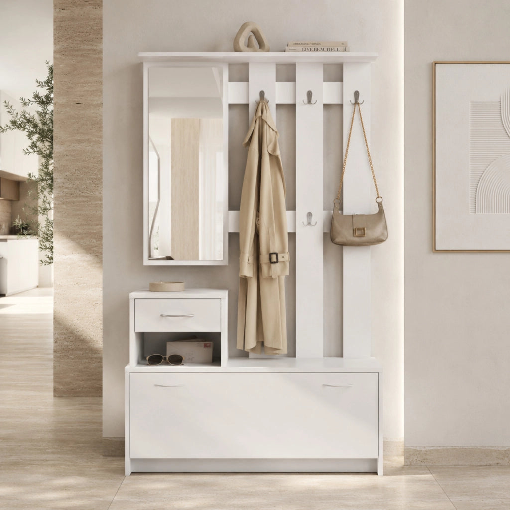Mobile Ingresso Attaccapanni Con Scarpiera E Specchio Salvaspazio Per Entratina 97 x 35 x 25 cm Bianco
