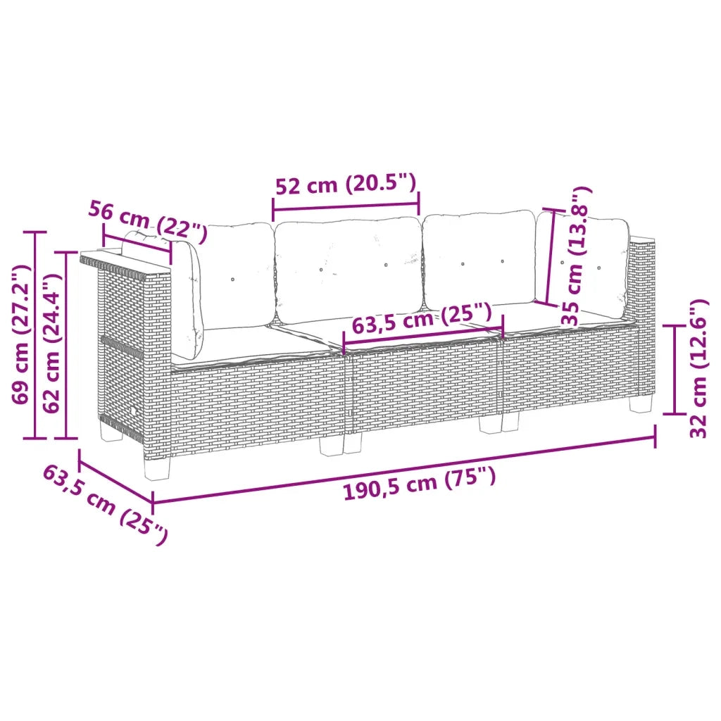 Divano da Giardino a 3 Posti con Cuscini Nero in Polyrattan 365917