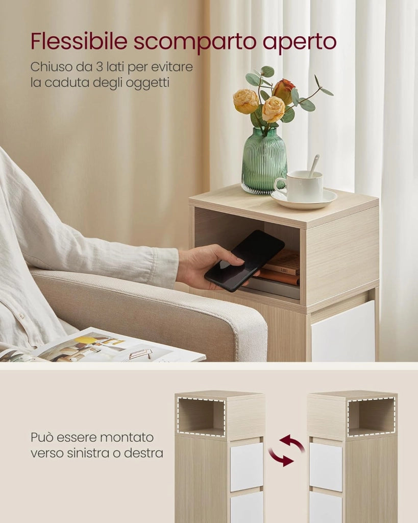 VASAGLE Kailyn Collection - Comodino stretto, set di 2, tavolino, 2 cassetti e vano aperto, montaggio a sinistra o a destra, camera da letto, soggiorno, beige naturale e bianco nuvola LET856N01