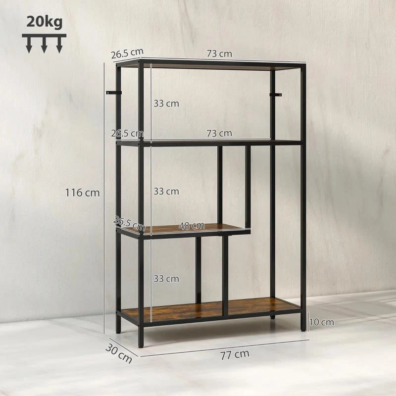MOBILE LIBRERIA A 4 RIPIANI STILE INDUSTRIALE IN LEGNO E METALLO, 77X30X116 CM, MARRONE RUSTICO
