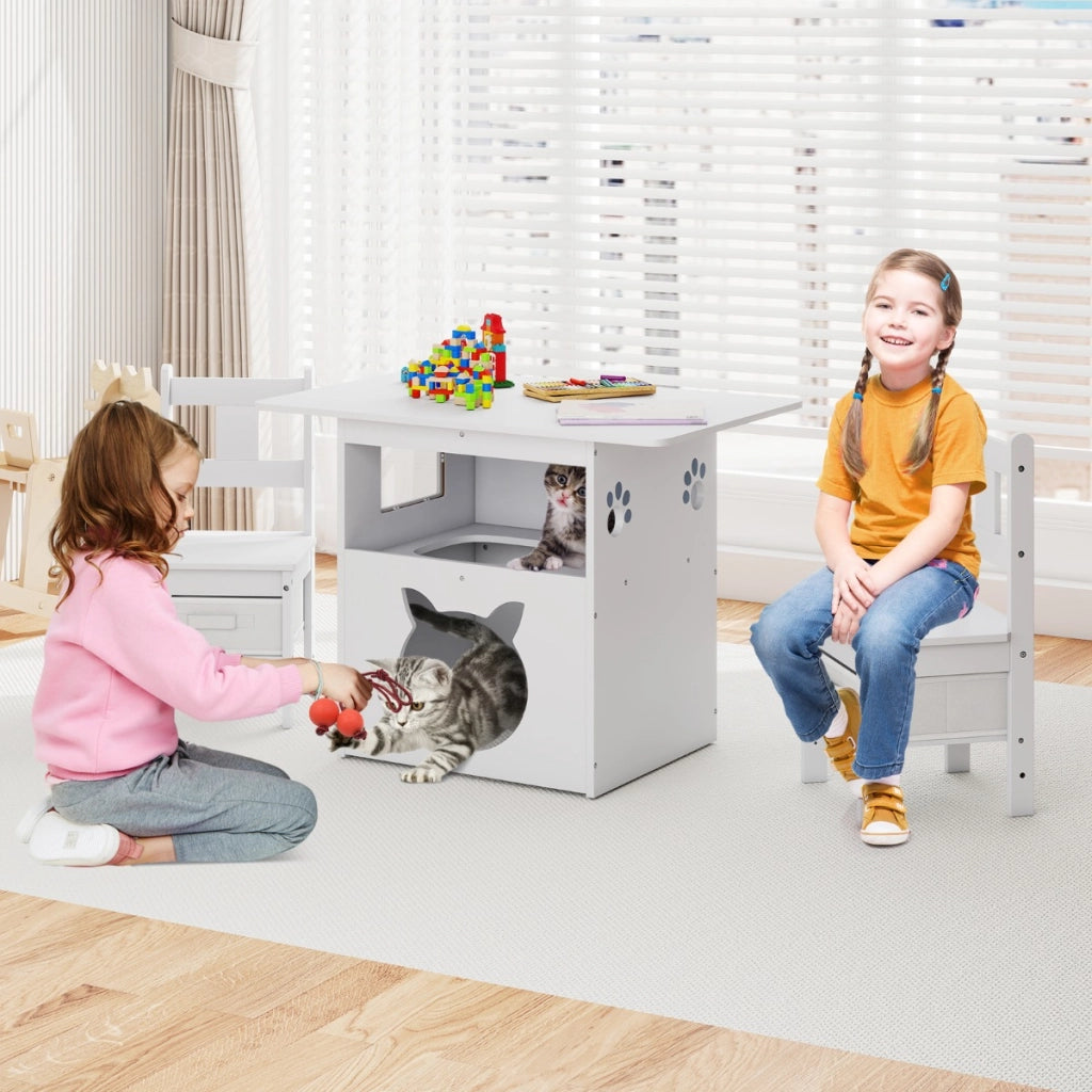 Tavolo per bambini set di 3 pezzi composto da tavolo e sedie, Tavolo per bambini arredamento in legno con casetta per gatti Bianco-Tavoli e sedie