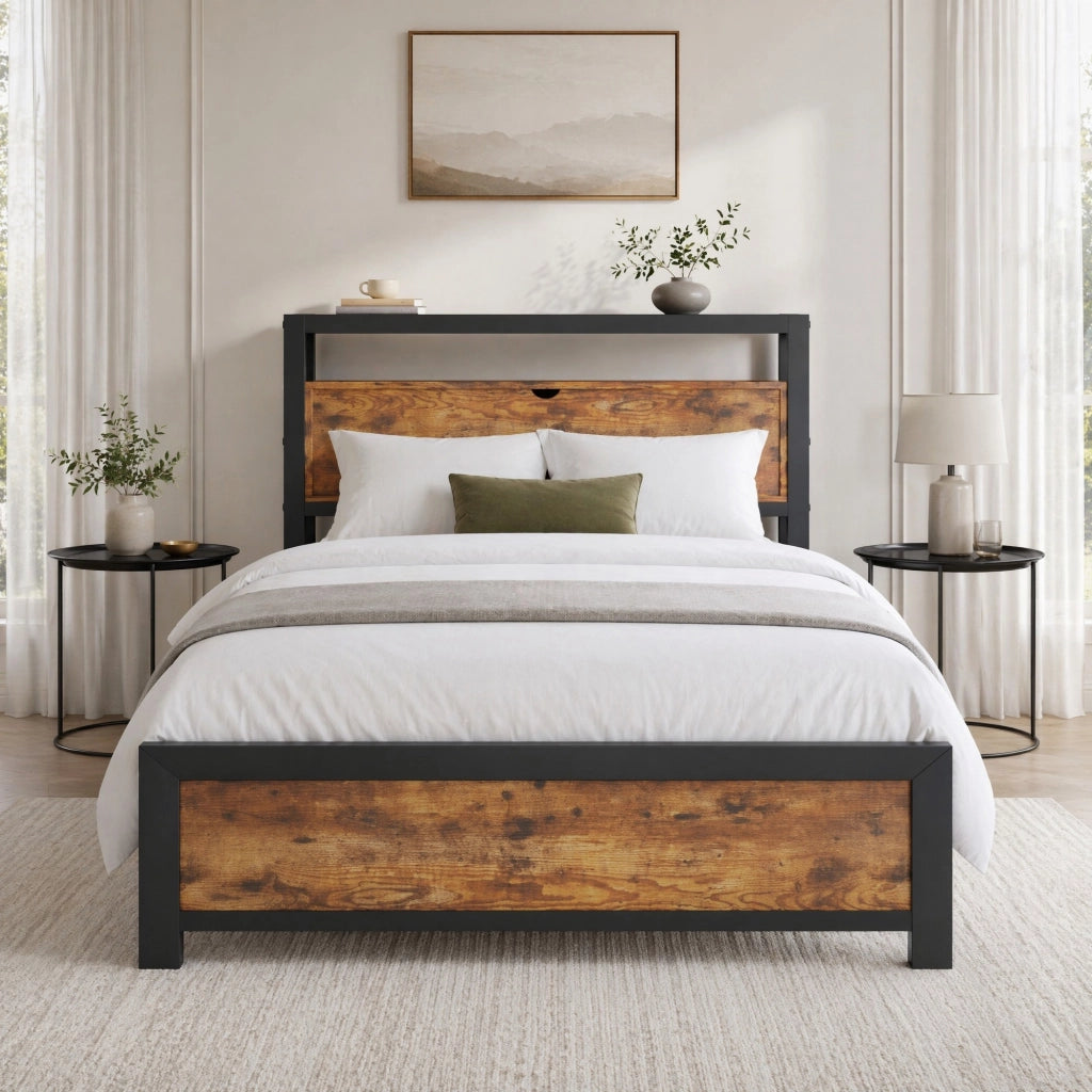 DESMIU Letto singolo 90 × 200 cm con testiera contenitore, senza materasso, in metallo e MDF, naturale
