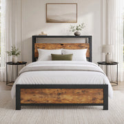 DESMIU Letto singolo 90 × 200 cm con testiera contenitore, senza materasso, in metallo e MDF, naturale
