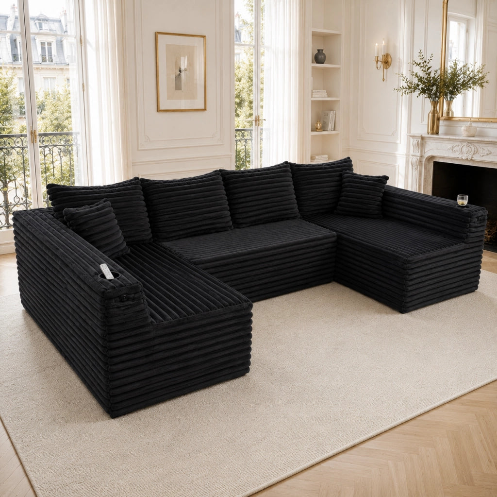 Divano modulare a U in tessuto corduroy nero 320 x 155 x 88 cm con portabicchieri