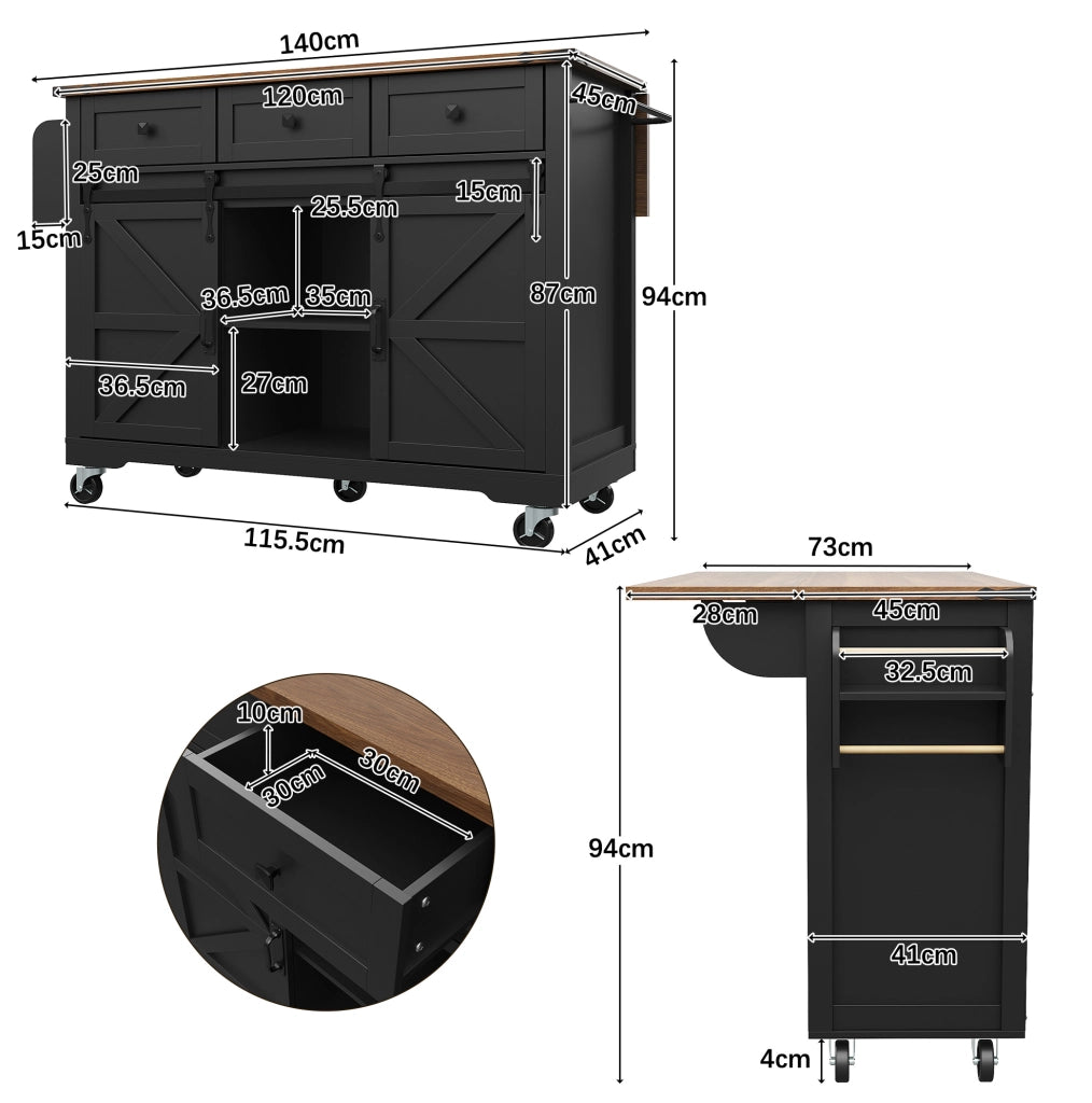 Isola cucina 140x45 cm pieghevole con 3 cassetti e ante scorrevoli; MDF; nero