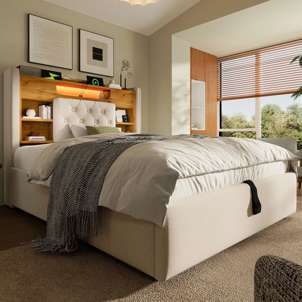 Letto Contenitore 90 x 200 cm; USB; Type-C; LED e Mensole - in Lino - Beige
