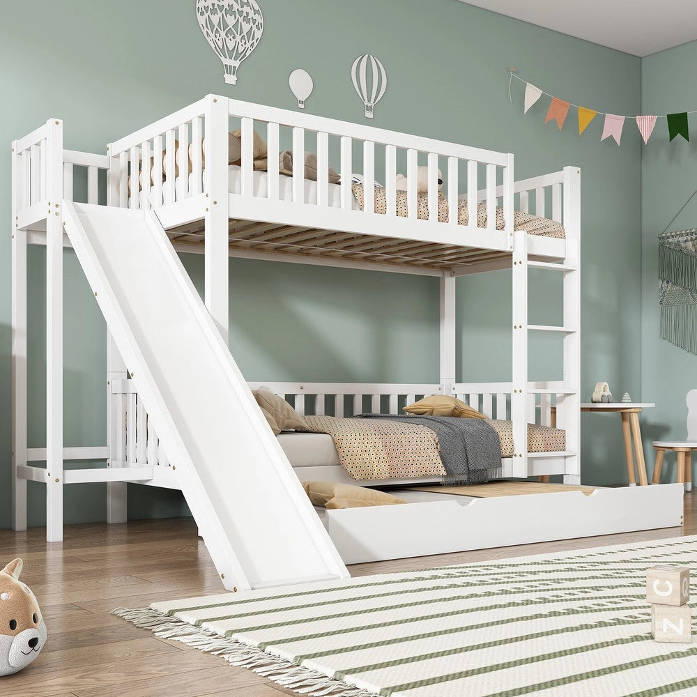 Letto a Castello con Letto Estraibile, Scivolo e Scala, Pino e MDF ¨C Xylo ¨C Bianco 90x200cm