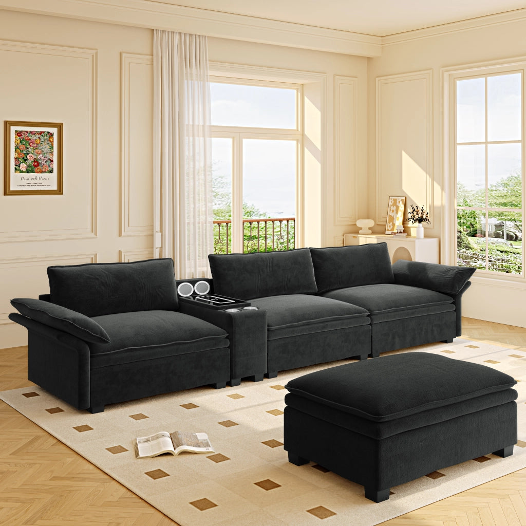 Divano modulare a L 315 cm a 4 posti con pouf; ricarica wireless; altoparlanti e luci; ciniglia; nero