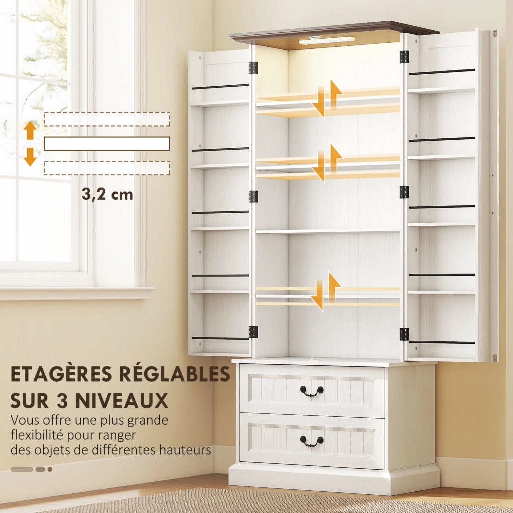Armadio da cucina ¨C zephmum ¨C 2 ante, cassetti, ripiani regolabili, LED, 76x39.5x183cm, bianco