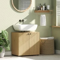 Mobile sotto lavabo, 2 ante con chiusura ammortizzata, ripiano regolabile, 60×39,8×58,5 cm, Legno naturale