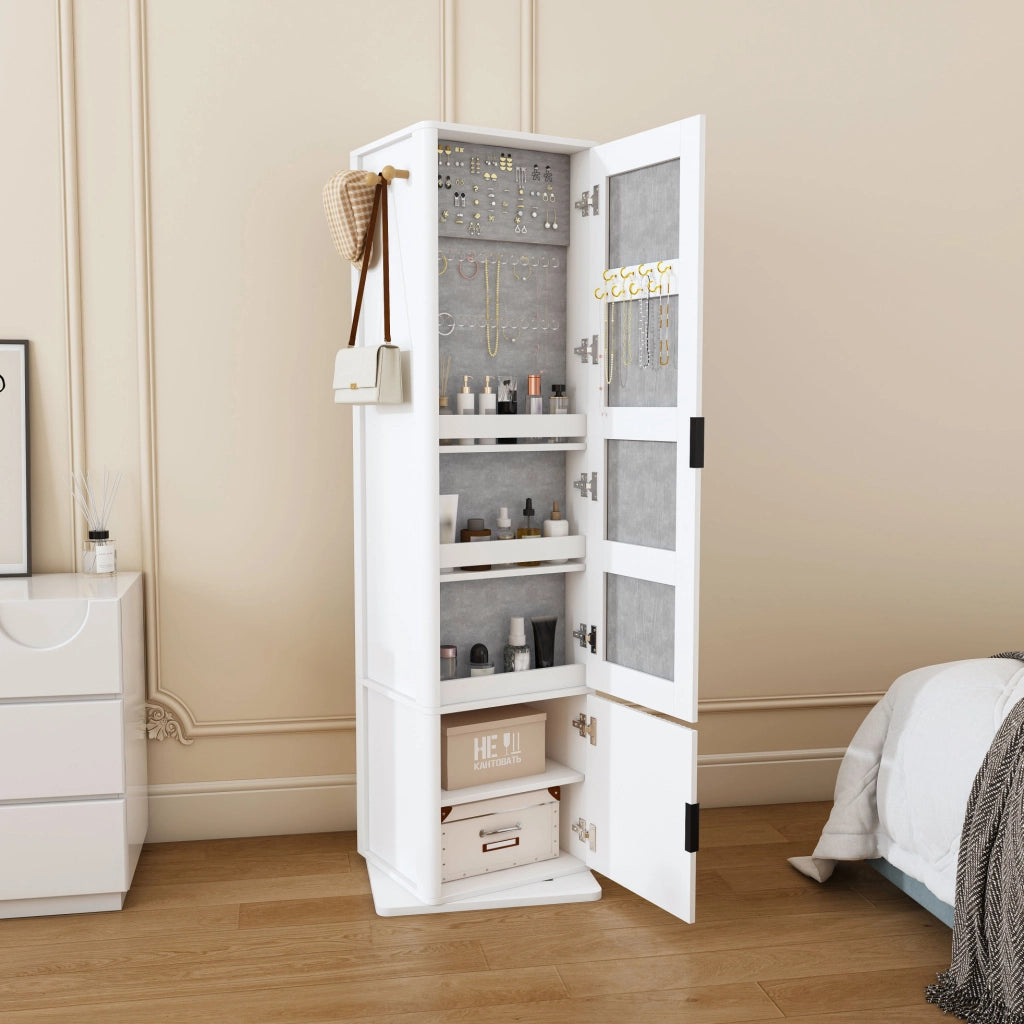 Armadio specchiera girevole a 360° 4 in 1 con specchio intero; ripiani e ganci; 50x50x170 cm; bianco