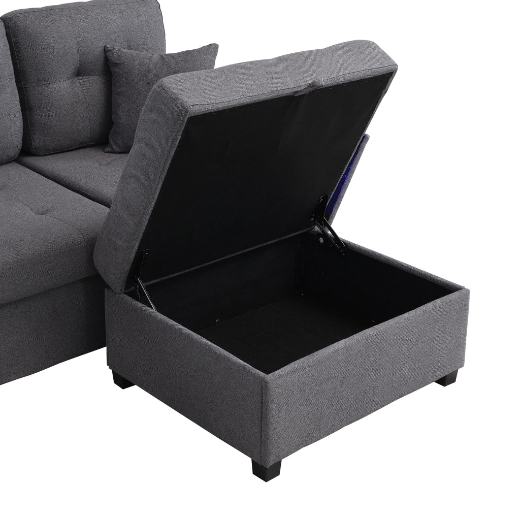 Divano modulare 4 posti con pouf contenitore, LED e porte USB/USB-C in tessuto di lino grigio antico