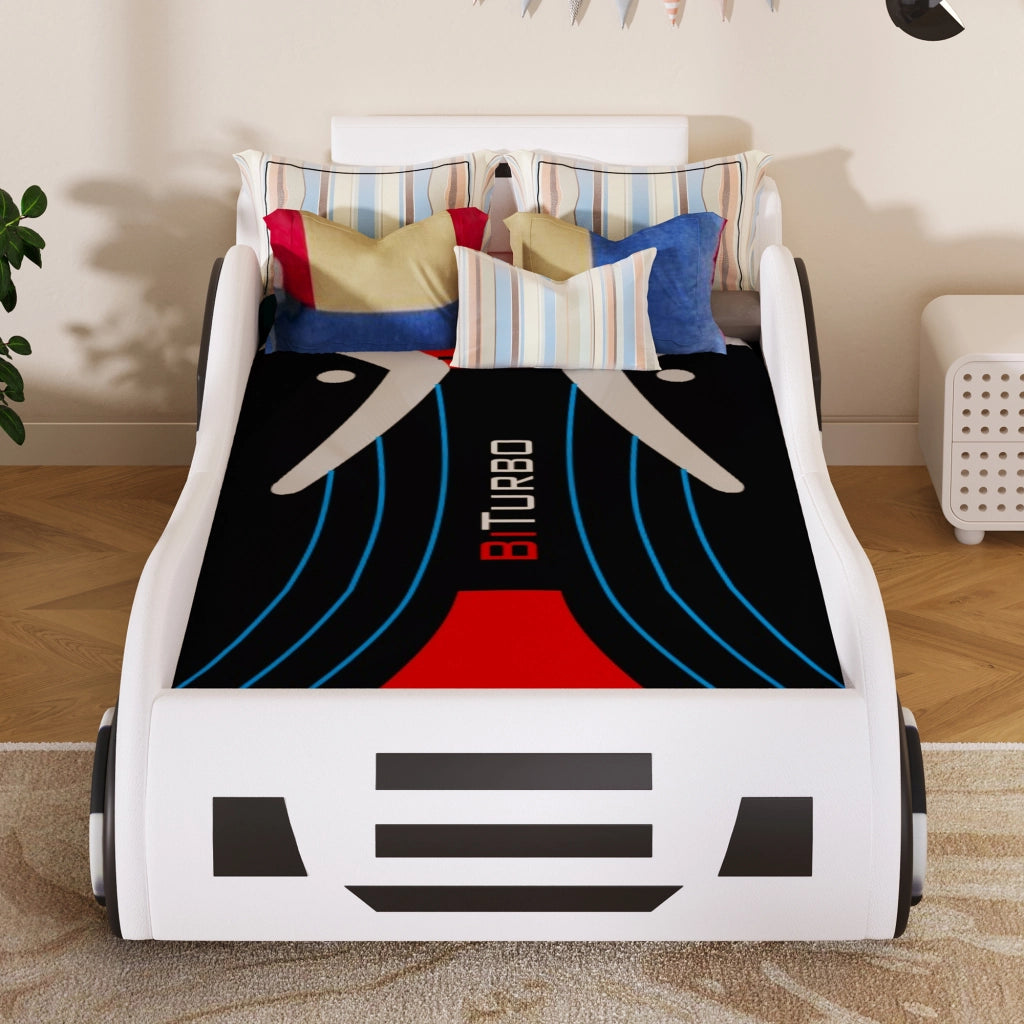 Letto auto per bambini 90 x 200 cm con rete a doghe e contenitore idraulico; MDF e PU; bianco